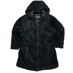 Vintage 90s Wilsons Leather Black Suede Full Zip Hooded Parka Jacket Womens Sz S